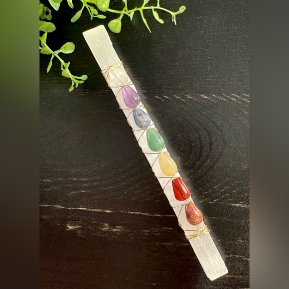 Unbranded Other - New Natural Shimmer Frosty Selenite Crystal Wand w/ Natural Chakra Gemstones
